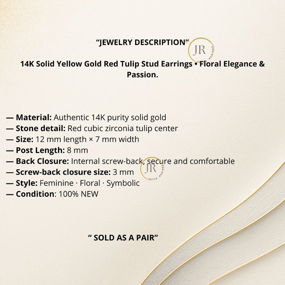 14K Solid Yellow Gold Red Tulip Stud Earrings • Floral Elegance & Passion. - Picture 11 of 11